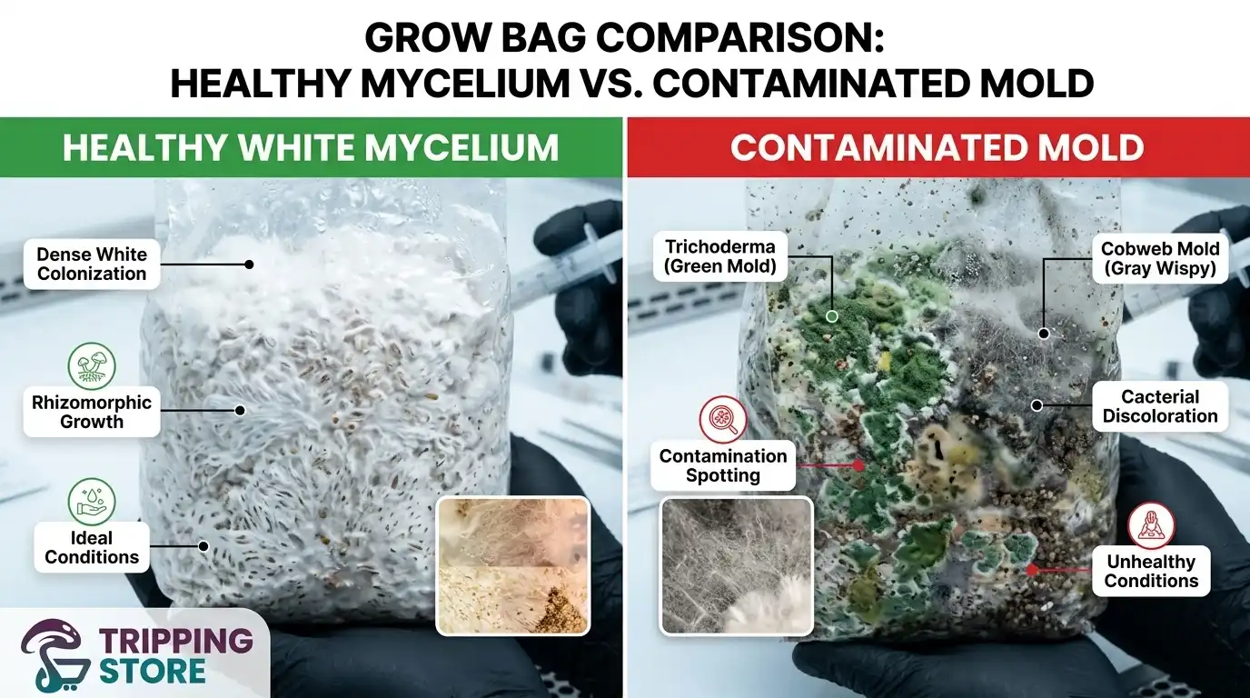 contaminated vs healthy mushroom grow